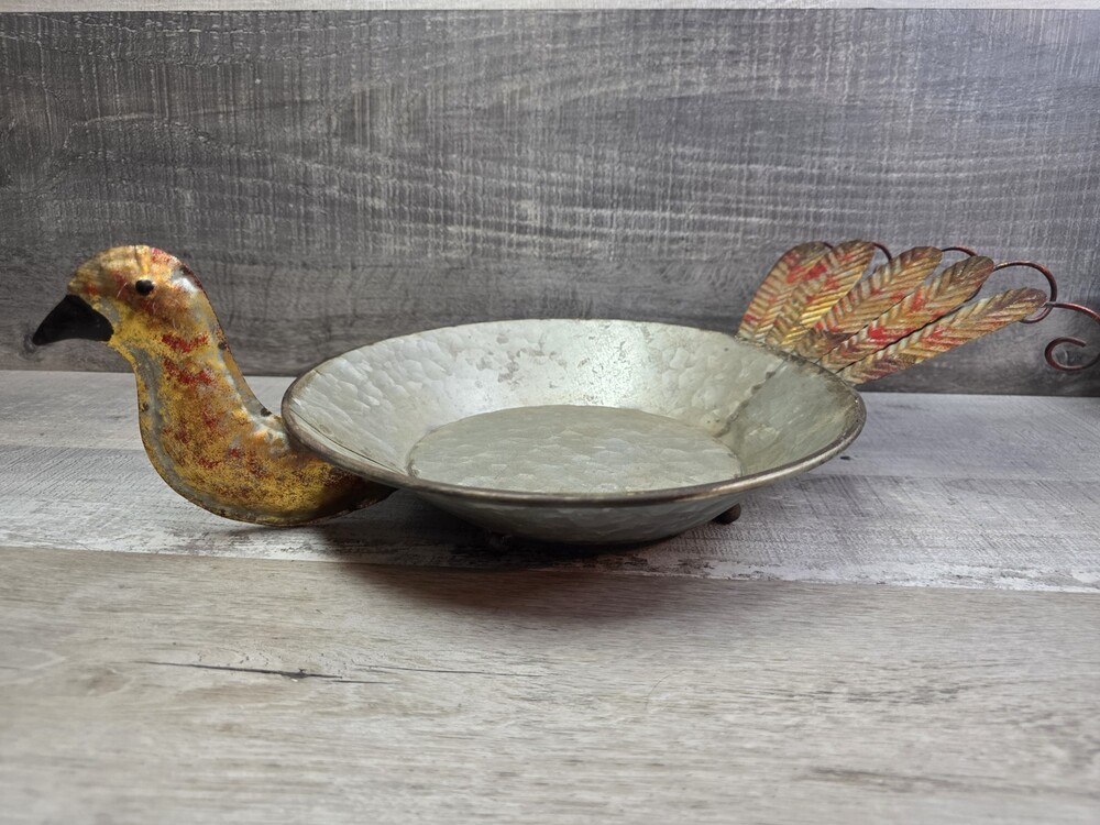 Folk Art Metal Turkey Bird Tray Thanksgiving Decor Serving Dish Fall g1